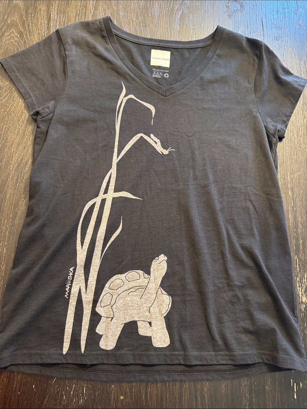 Marushka Black V-Neck Turtle Graphic Tee